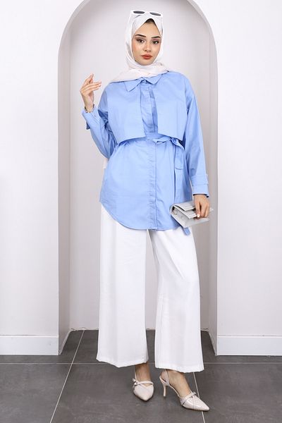İmajButik Blue Cape Epaulet Belted Shirt