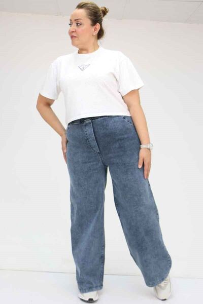 Eslina 9182-7 Large Size Elastic Waist Wide Leg Jeans - Snow Wash Navy Blue