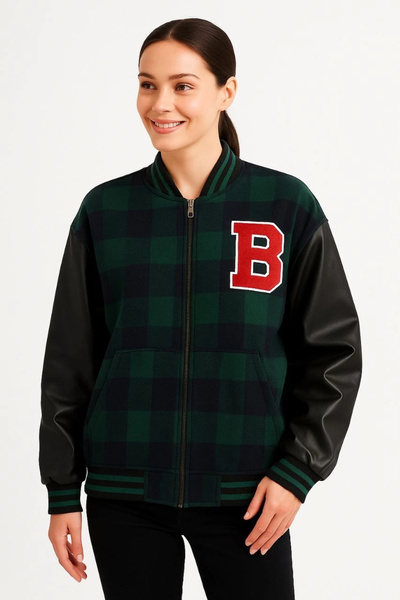 Alfanora Women's College Jacket – Checkered Lumberjack Fabric, Faux Leather S...