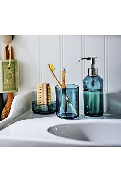 IKEA QUİCK 3 Parça Cam Banyo Seti Yükseklik 19 Cm 3'lü Banyo Seti Mavi Sıvı S...