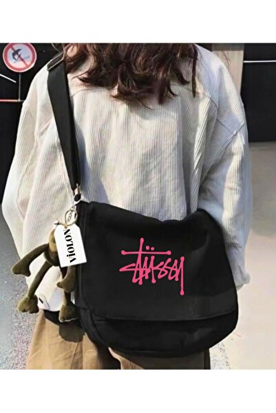 Violon Black Messenger Bag with Pink Print