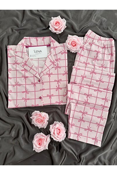 Lena Homewears طقم بيجامة بأزرار من الأسفل مع نمط فيونكة وردية