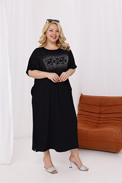 Siyezen Plus Size Sparkling Stone Cotton Lycra Oversize Dress