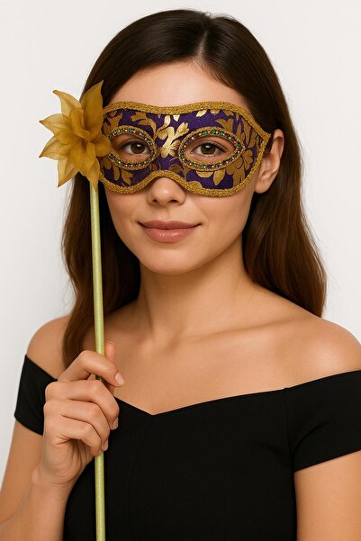 Go İthalat قناع حفلة موسيقية فاخر بمقبض حجري لون بنفسجي 35 سم (5258)