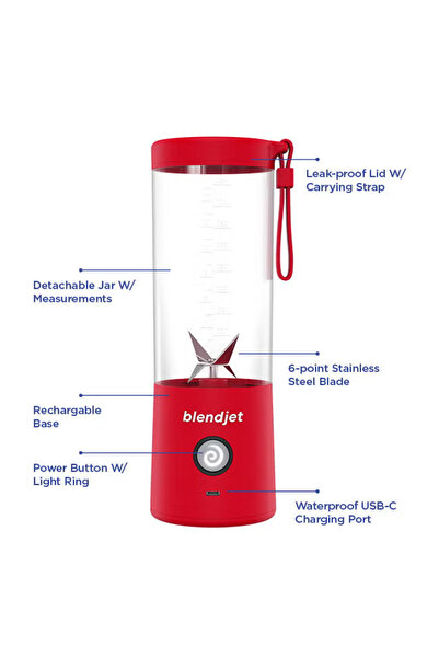 BLENDJET BlendJet- Portable Blender World's Most Powerful Compact 16Oz Blender, 6 Stainless Steel Blades- Red