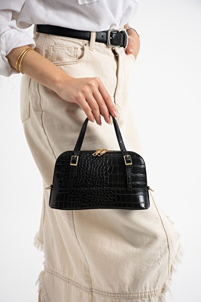 Ensar Çanta Kadın Siyah Kroko Desenli Mini Omuz ve El Çantası – Şık Crossbody...