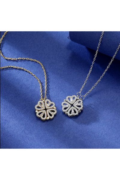 Dia store Çelik Zirkon Taşlı Çoklu Kalpli Mıknatıslı Açılır Kapanır Yonca Kadın Kolye Sevgili Kolye