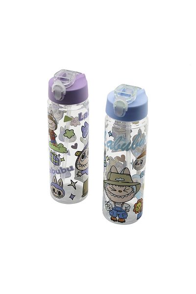Light up Labubu Children's Cartoon Character Illustrated Water Bottle Transparent Plastic Locked Lid with Straw