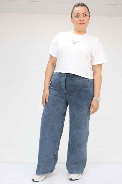 Eslina 9182-7 Large Size Elastic Waist Wide Leg Jeans - Snow Wash Navy Blue
