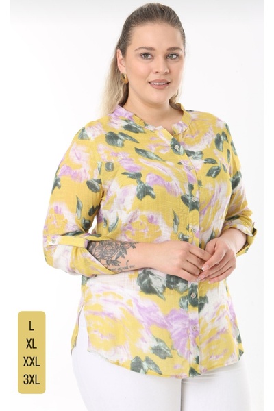 AKŞEN GİYİM Plus Size 100% Cotton Imported Linen Fabric Foldable Sleeves Pattern Shirt
