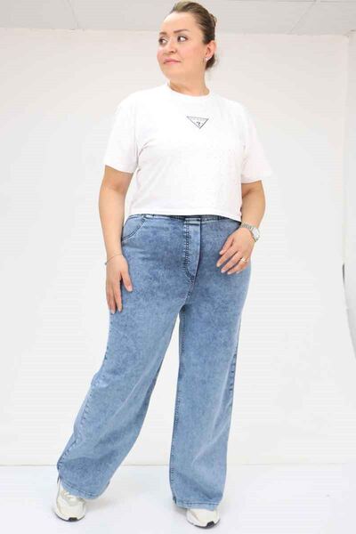 Eslina 9182-7 Large Size Elastic Waist Wide Leg Jeans - Snow Wash Blue