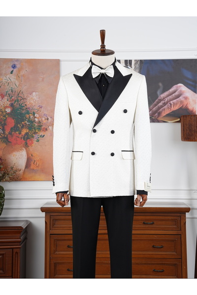 PAREZ Erkek Slim Fit İtalyan Stil Kendinden Desenli Kruvaze Smokin Damatlık -...