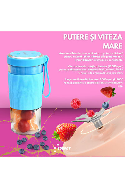 SDEPOT Mini blender SDEPOT®,cu o capacitate de 450ml,12000RMP,cu 2 lame,alimentare prin USB,albastru