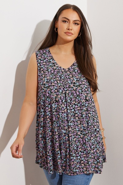 Stil Diva Plus Size Zero Sleeve V-Neck Floral Print Skirt Flared Blouse 303420