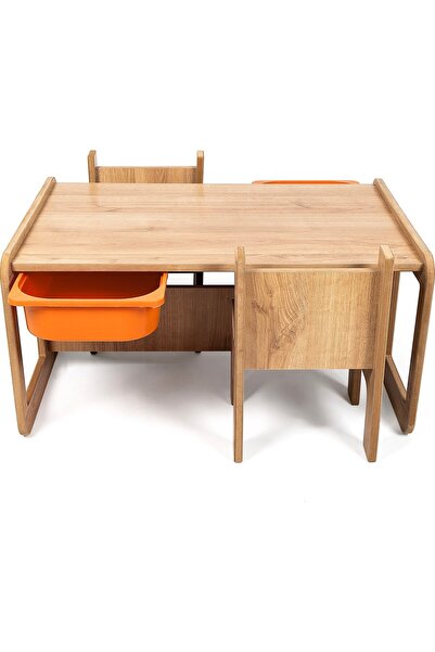 BEEVOLİ 2 Kişilik Çocuk Masası – Ceviz Mdf - TURUNCU Çekmeceli