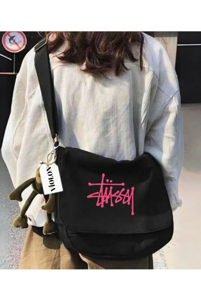 Bravebell Black Messenger Bag with Pink Print