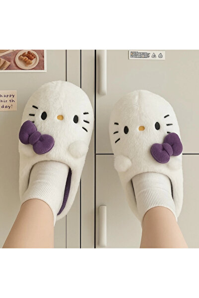 Bravebell Hello Kitty Mor Yumuşak Tüylü Peluş Panduf Terlik
