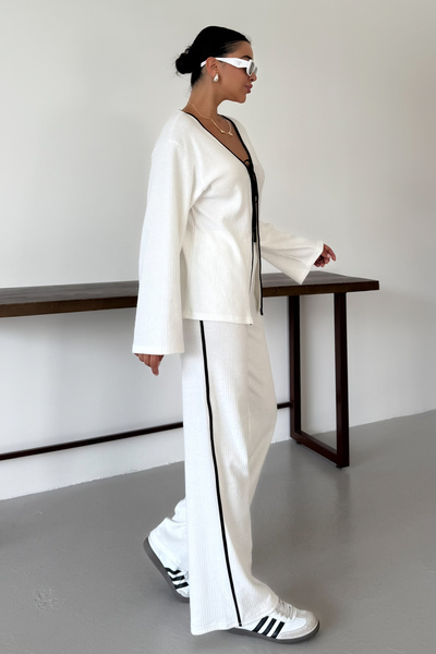 MODAGEN Women's White Front Tie Detailed Piping Bottom-Top Trouser Suit
