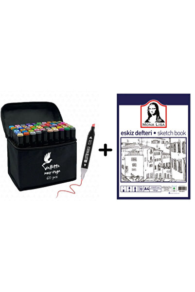 Minopi Set of 60 Double Sided Art Marker Felt Tip Pens with Bag + Mona Lisa Sketchbook 50 Sheets 120Gr.