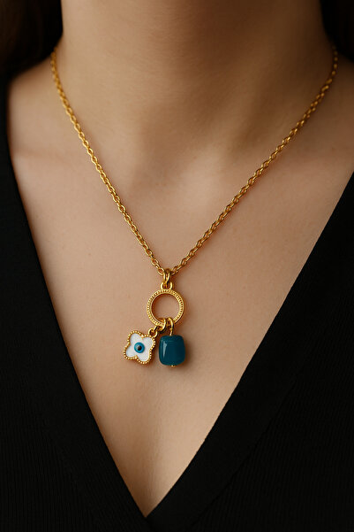 LOVELOTUS Pendant Evil Eye Beaded Clover Dangle Natural Stone Steel Necklace