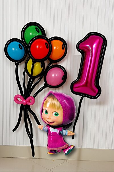 PARTİAVM 1 Yaş Lisanslı Büyük Boy Maşa Koca Ayı Balon Seti Maşa Balon Doğum G...