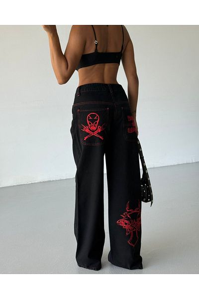 Touz Moda Black Embroidered Retro Gothpunk Rock Wide Leg Pants