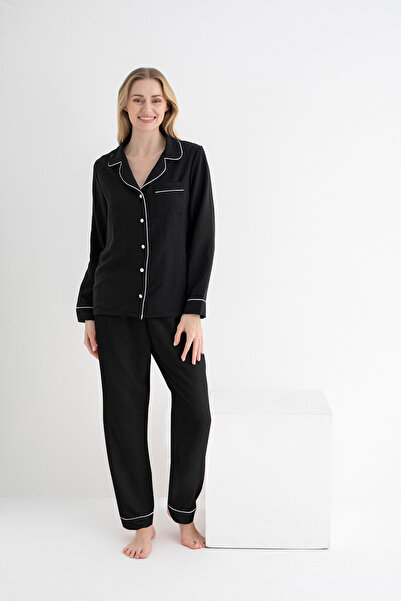 DOFİ Kadın Aerobin Pijama Takımı – Siyah & Açık Pembe, Düğmeli Cep ve Biyeli Manşet Detaylı