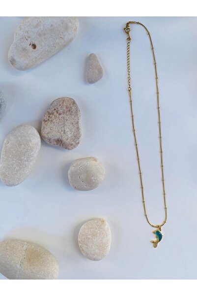 milayk Yunus Figürlü Mavi Taş Detaylı Gold Çelik Kolye