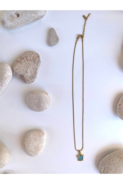 milayk Kaplumbağa Figürlü Mavi Taş Detaylı Gold Çelik Kolye