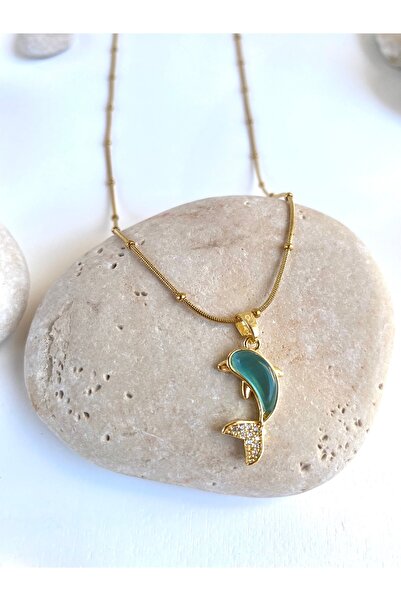 milayk Yunus Figürlü Mavi Taş Detaylı Gold Çelik Kolye