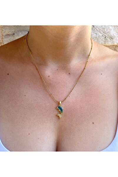 milayk Yunus Figürlü Mavi Taş Detaylı Gold Çelik Kolye