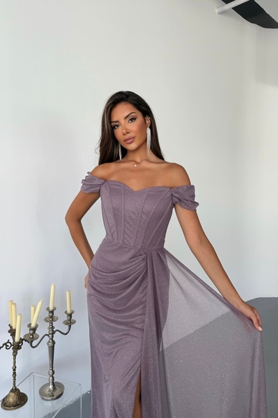 İyem Abiye Simli Allerli Ve Düşük Omuz Abiye Elbise Tam Kalıp