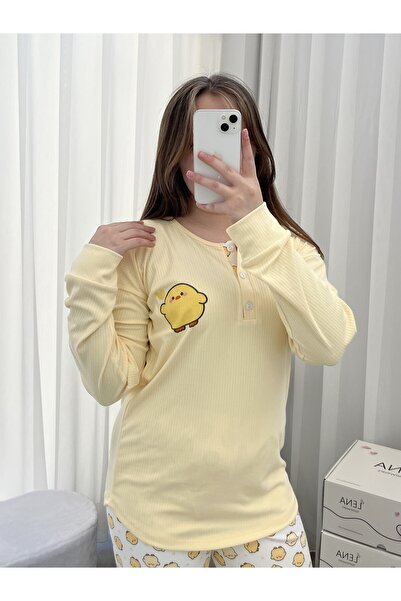 Lena Homewears Sarı Civciv Desenli Patlı Uzun Kollu Pijama Takımı