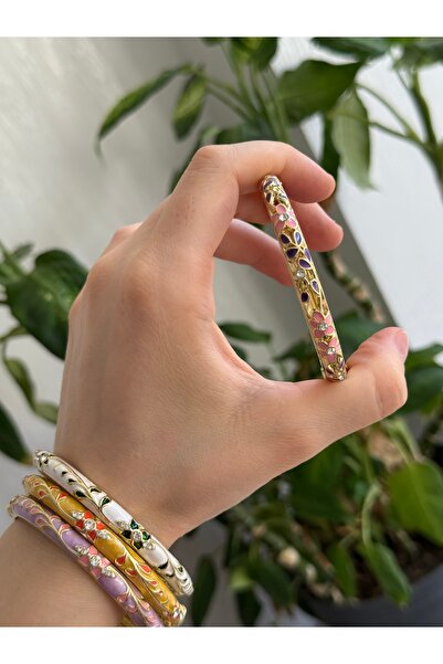 Silya Bijuteri Mor Yaprak ve Pembe Çiçek Desenli Mineli Taşlı Bileklik