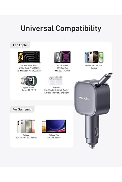 Anker Anker Nano Car Charger 75W USB-C Port Retractable USB-C Cable Silver