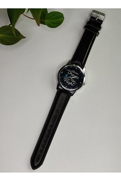 Skymag Ceas dama cu mesaj "Let your dreams take flight" curea neagra din piele ecologica, mecanism quartz