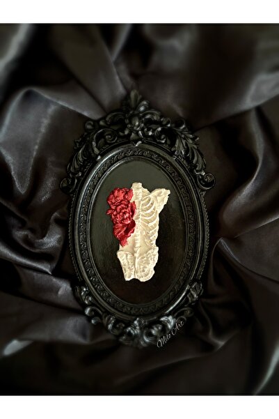 Milo Art El Yapımı Gotik Romantik Siyah Vintage Beton Çerçeve İskelet Ve Gül Temalı Barok Çerçeve Cilalı