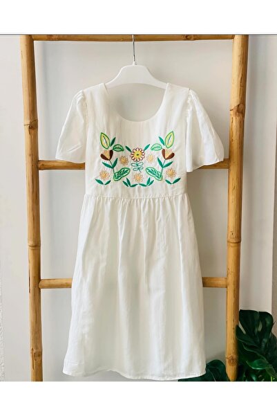 Çikoby Nakışlı Ekru Kız Çocuk Elbise
