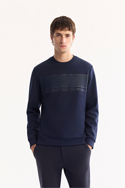 Avva Erkek Lacivert Bisiklet Yaka Silikon Baskılı İnterlok Sweatshirt A52Y1215