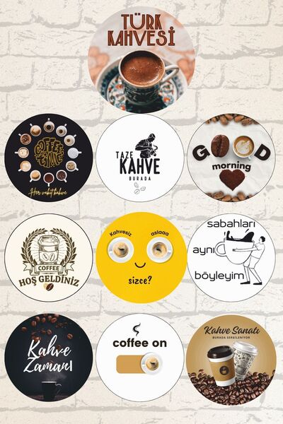 Nod 10’lu Yuvarlak Ahşap Kahve Temalı Tablo Seti, Cafe, Çay Ocağı, Kahvehane ...