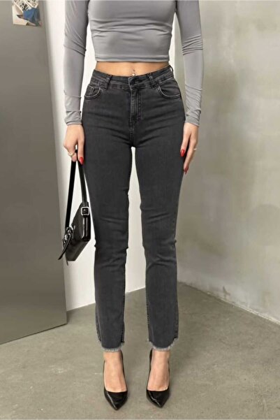 Eda Başak Atelier Lycra Mini Flare Jean Trousers with Tassels at the Legs