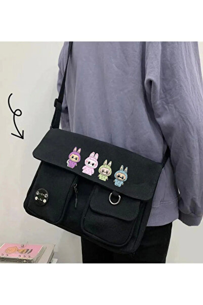 Bravebell Labubu Character Harajuku Unisex Black Messenger Bag with Pocket
