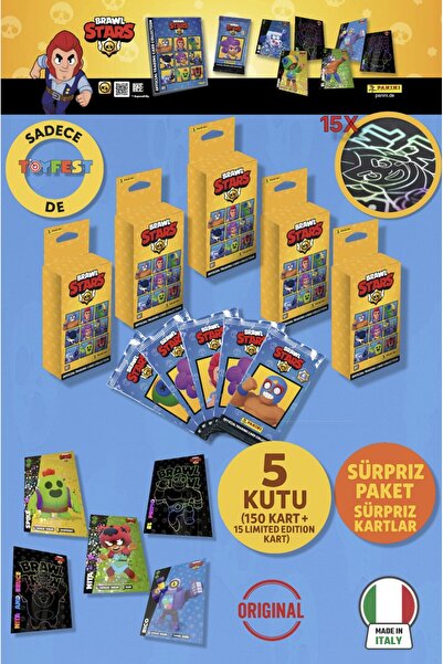 TOYFEST Brawl Stars Panini Resmi Kart Kutusu: 5 Kutu (150 Kart + 15 Limited E...