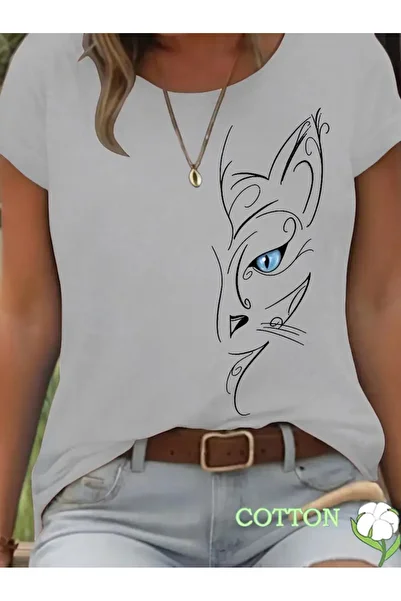 l'eivor Blue Eyed Cat Minimal Design Printed Women's Cotton T-Shirt