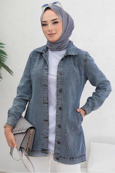 TRENDTESETTÜR Women's Blue Stone Denim Jacket t 3077