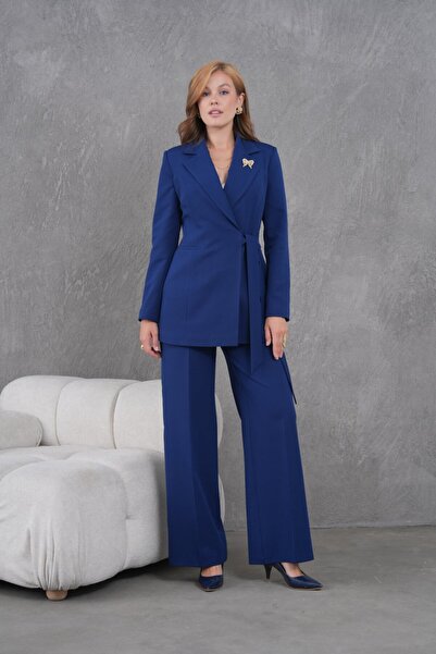 nodilife Kuşaklı Kuşaklı Ceket Bol Paça Pantolonlu Kadın Takım Lacivert