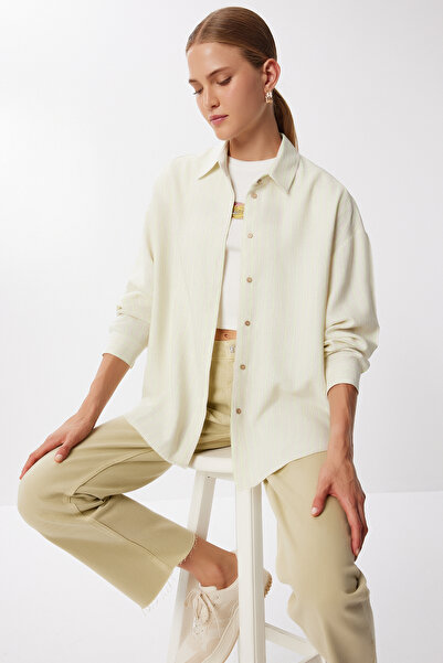 Lovelyİstanbul Striped Oversize Linen Shirt Lfz0010 Cream Green