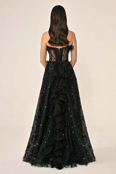 ALFABETA Strapless Corset Transparent Waist Tulle Long Dress