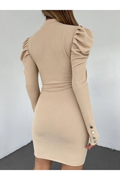 ALPACO Φόρεμα Princess με κουμπιά στο τελείωμα του μανίκι - Μπεζ