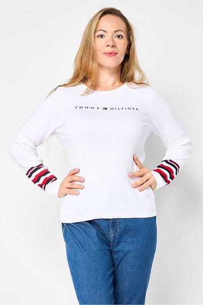 Tommy Hilfiger Women Crew Neck Embroidered Logo Sweater, White